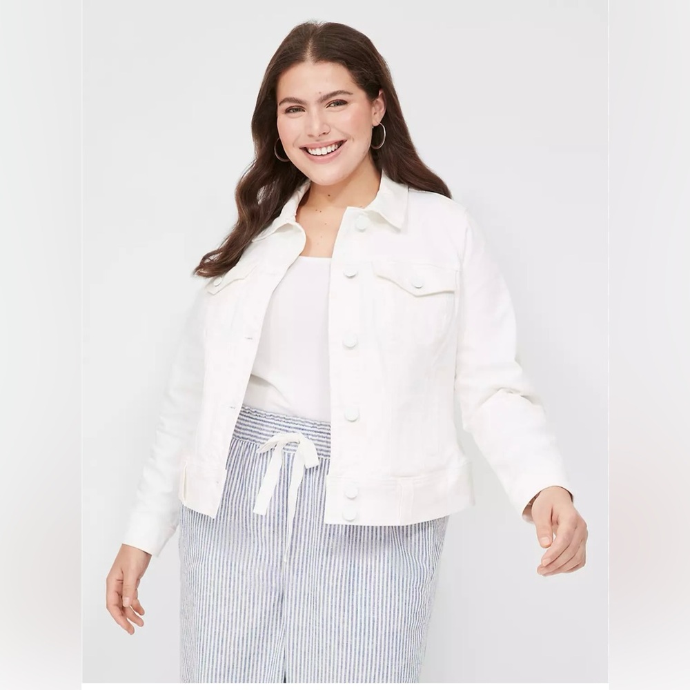 Lane Bryant women’s 14 white denim jean jacket button up front